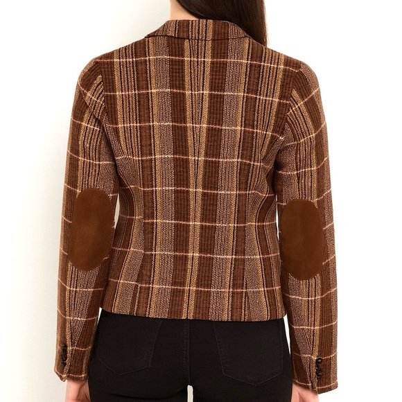 Zara Basic Brown Wool Blend Tweed Blazer with Velvet Elbow Pads, Size S - Picture 2 of 13